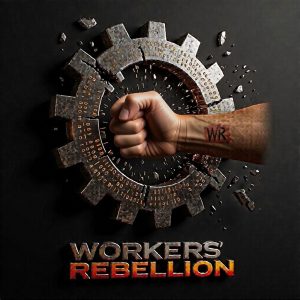 A raised fist with a 'WR' cattle brand mark on the wrist punches through a metallic gear constructed from binary code, representing workers breaking through automated hiring systems. The text 'Workers' Rebellion' appears below in metallic 3D letters with a red-to-yellow gradient.
