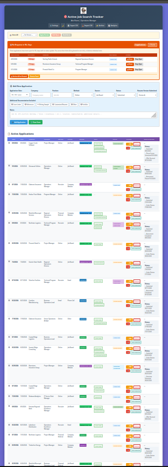Active Tracker page populated with sample applications, showing status, method, source, resume version, and documents for each row